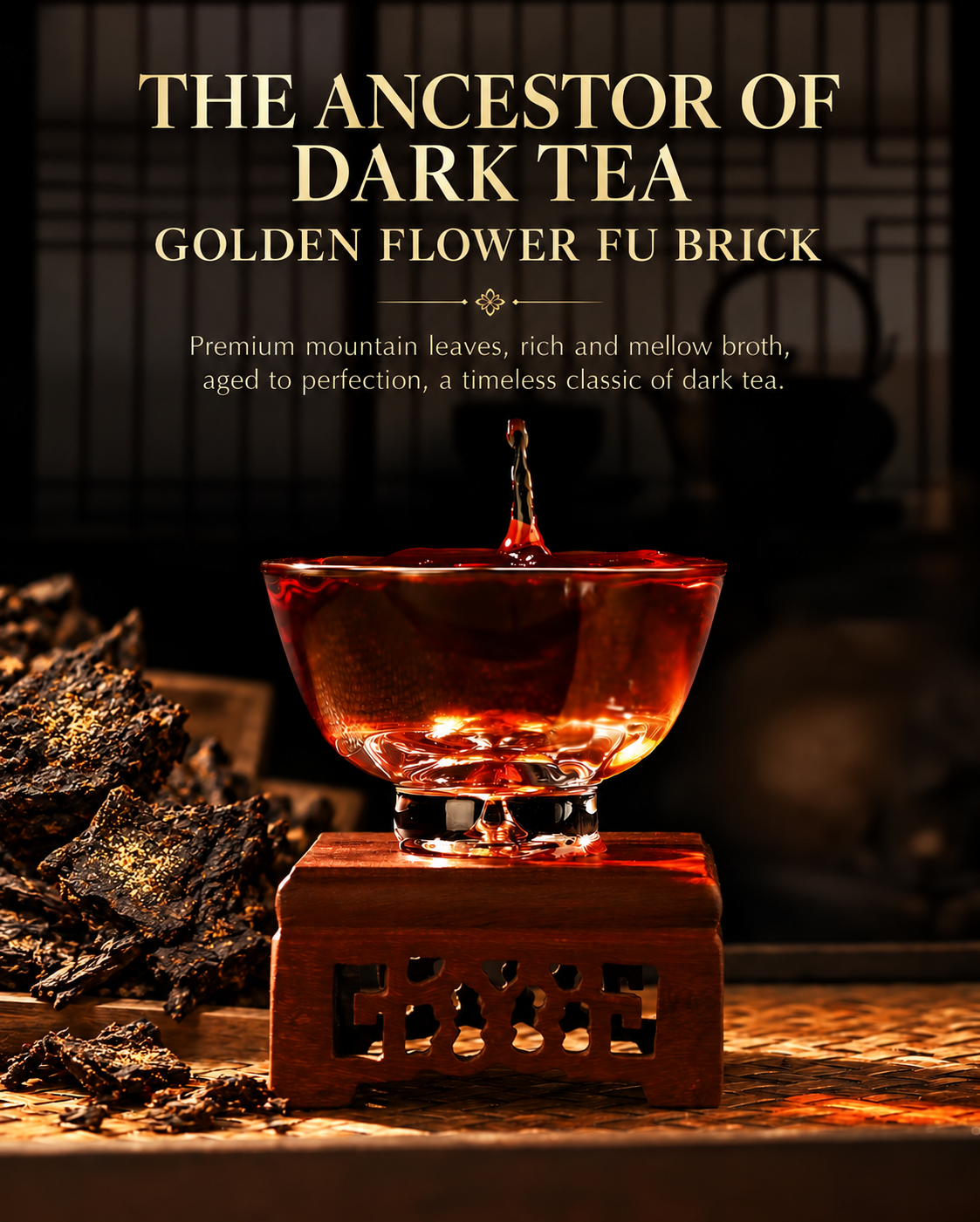 Glass cup of amber Fu brick dark tea beside broken pieces of Fu brick showing golden flowers