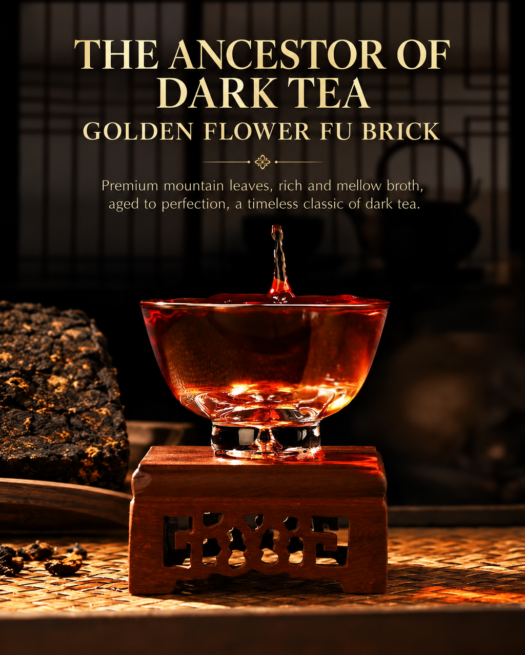 Golden Flower Fu Brick dark tea poured into a glass bowl on a carved wooden stand, with a Fu brick beside it